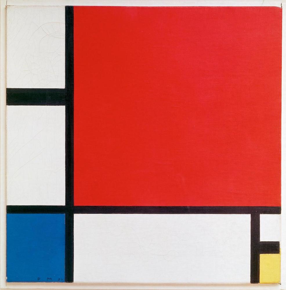 A two-dimensional painting composed of seven rectangles of differing sizes. The smallest is yellow, the next largest is blue, with much of the work dominated by a red square. The others are white.