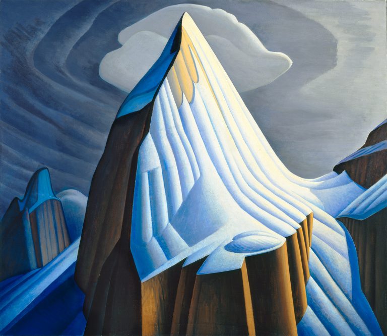 A snowy mountain reaches into a grey, cloudy sky.