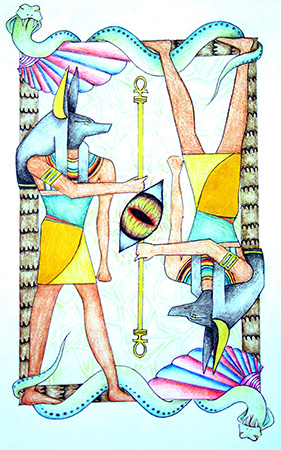 Student drawing inspired by Ancient Egypt. Symmetrical design, vertical central axis.