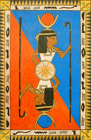 Student drawing inspired by Ancient Egypt. Symmetrical design, horizontal central axis.