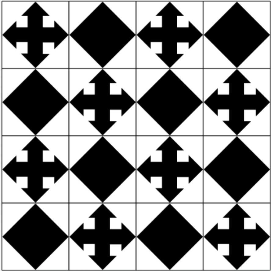 A 4x4 grid with an alternating pattern of diamonds and arrows.