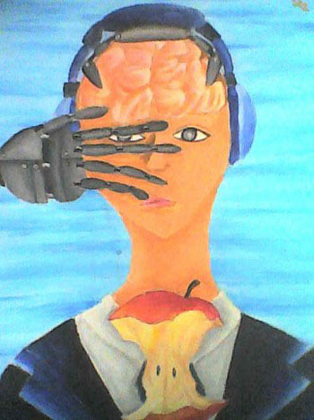 A person wearing a helmet. A robot hand covers half their face. An eaten apple core is in front of them.