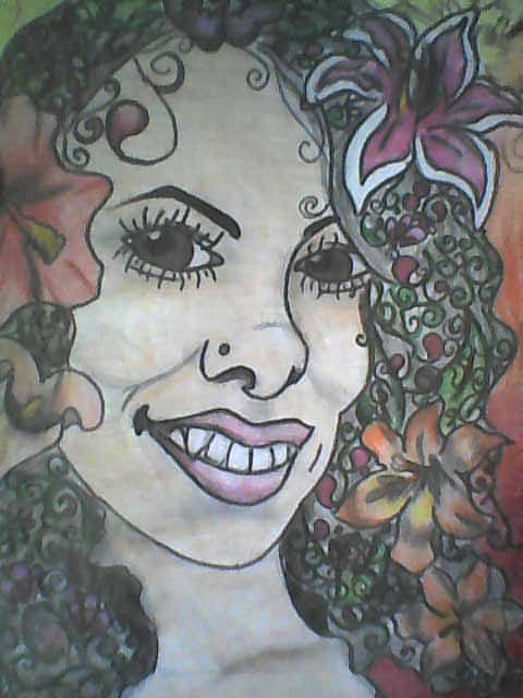 A self-portrait of a person with long eyelashes and sharp teeth. Vines patterns are used in their hair.