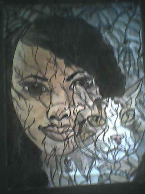 A person holding a cat. Image distorted by lines drawn over the image.
