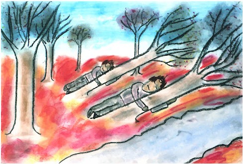 Self-portrait in surreal style. Two people laying on fallen trees in a sea of red.