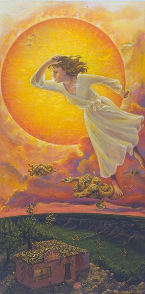 A person in a dress, floating in the sky. Snakes coiled in the sky. A house rests in a field, with the sun in the background.