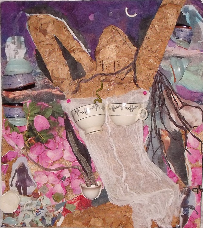 A self-portrait of a person holding hair behind their head. Tea cups are used as their chest.