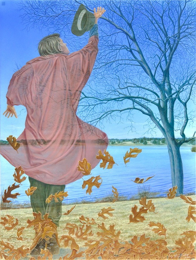 A self-portrait of a translucent person tossing their hat in the air. A leafless tree stands in front of a lake.
