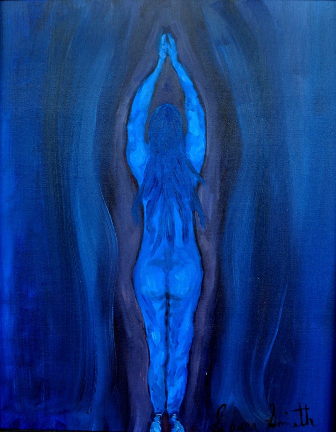 A self-portrait of a naked person standing with their back to the viewer. Their hands are held over their head.