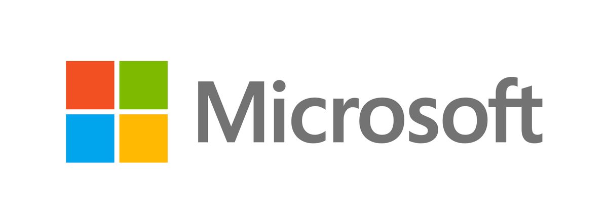 Microsoft company logo. 4 squares aligned 2 by 2. Word Microsoft in the company’s font style.