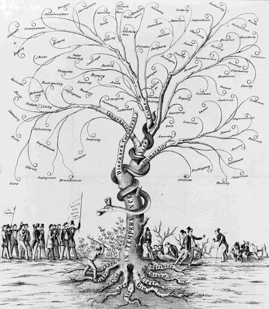 A cartoon of a tree and people around the tree. The tree is labelled “intemperance” with branches that are labelled “diseases,” “ignorance,” “vice,” “crime,” and “immorality.” The people on the left of the tree are protesting and the people on the right appear drunk. There is a person with an axe about to chop at the roots of the tree, which are labelled with types of alcohol.