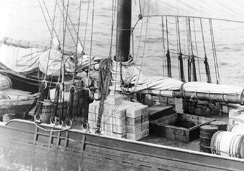 The schooner Kirk and Sweeney with liquor stacked on the deck