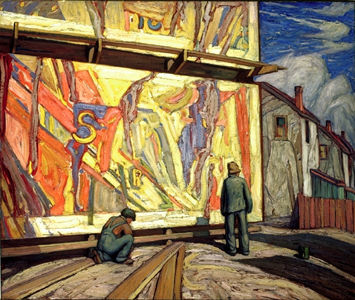 A colourful oil on canvas painting of two people standing in front of a billboard