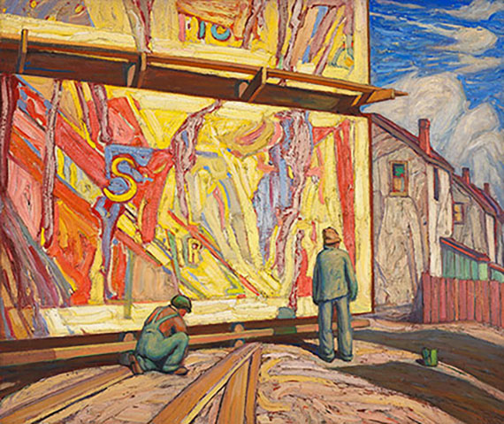 A colourful oil on canvas painting of two people standing in front of a billboard.