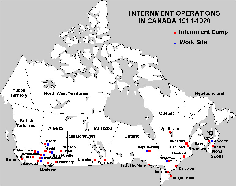 Internment camps and work sites in Canada from 1914 to 1920, caption: Internment operations in Canada – 1914 to 1920.