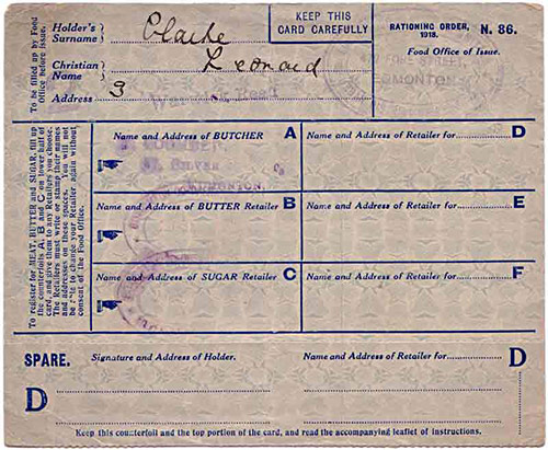 World War I ration card, 1918