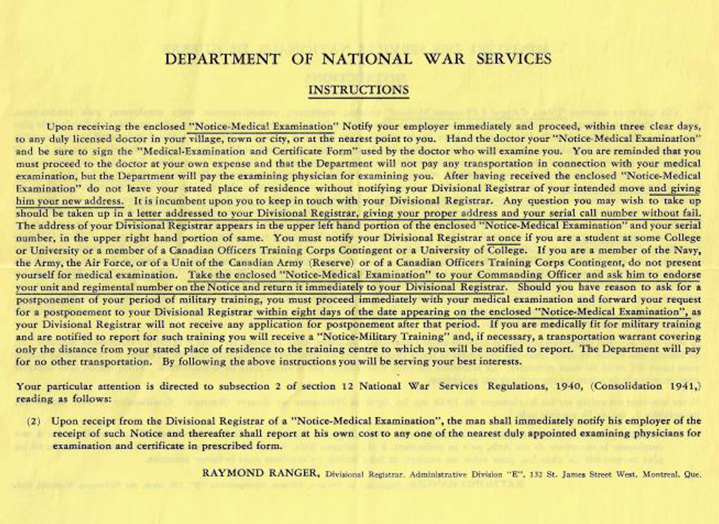 Instructions to a man who conscripted into the Canadian army.