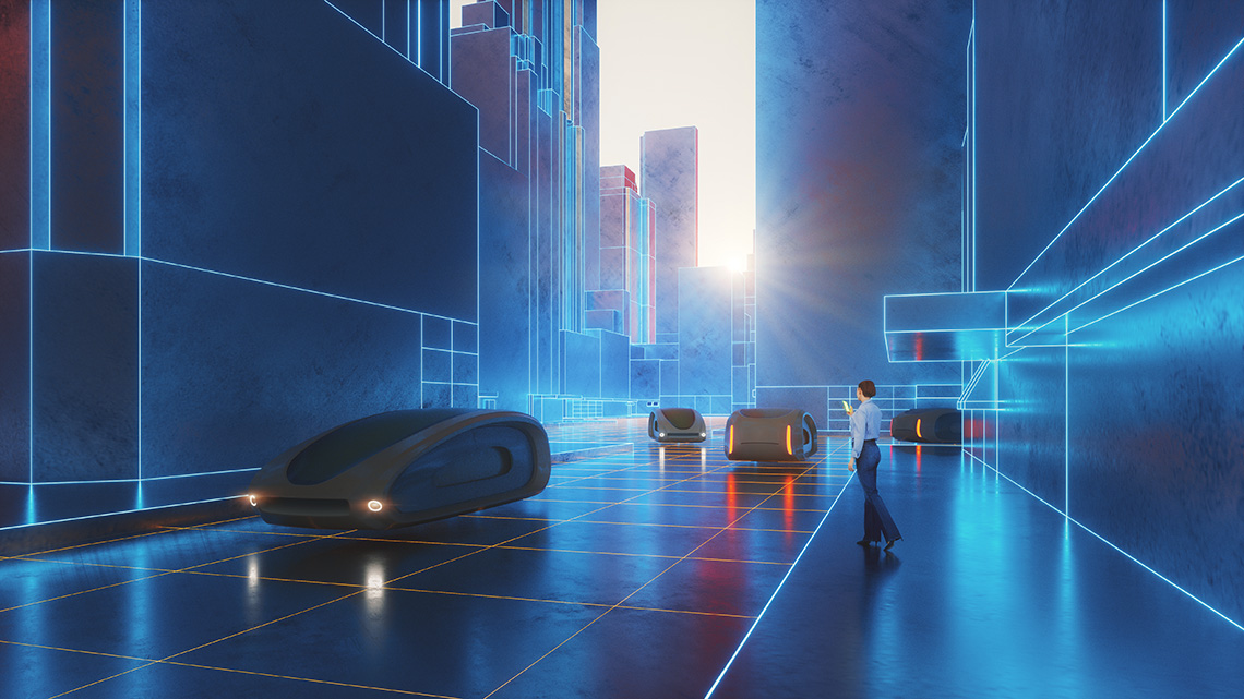 Futuristic street and vehicles.
