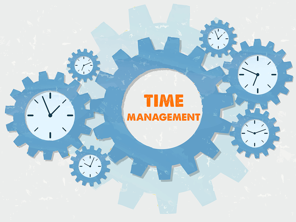 Illustration of clock gears and cogs with wording Time Management in the central cog