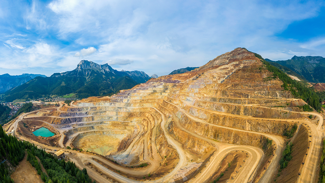 Arial photograph of the Erzberg mine located in Eisenerz, Styria.