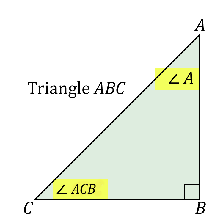 Triangle ABC, Angle highlighted (Angle A, Angle ACB)