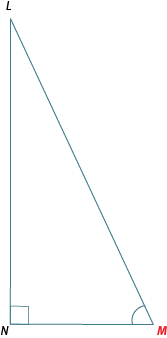 Triangle LMN. The bottom right vertice is 'M.' Angle N is a right-angle.