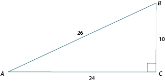 Triangle ABC. Side AB '26', BC '10', AC '24'. Angle C is a right angle.