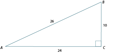 Triangle ABC. Side AB: hyp, 26. BC: adj, 10. AC: opp, 24. Angle C is a right angle.