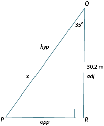 Triangle PQR. Angle Q: 35 degrees. Side QR: adj, 30.2m. Side PR: opp. Side PQ: hyp, x.