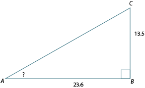 Triangle ABC. Angle A: ? degrees. Side AB: 23.6. BC: 13.5