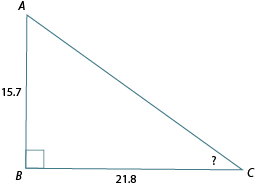 Triangle ABC. Angle C: ? Side AB: 15.7. BC: 21.8
