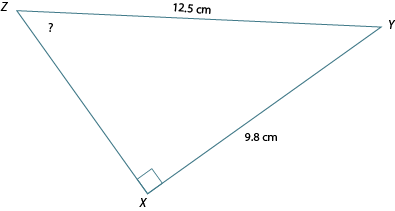 Triangle XYZ. Angle Z: ? Side XY: 9.8 cm. YZ: 12.5 cm