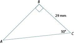 Triangle ABC. Angle C: 50 degrees. BC: 29mm. AB: opp.
