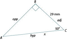 Triangle ABC. Angle C: 50 degrees. Side AC: hyp, x. BC: adj, 29mm. AB: opp.