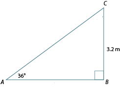 Triangle ABC. Angle A: 36 degrees. Angle C:54 degrees. AB: 4.4 m. AC: 5.4 m. BC: 3.2 m