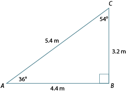 Triangle ABC. Angle A: 36 degrees. Angle C:54 degrees. AB: 4.4 m. AC: 5.4 m. BC: 3.2 m