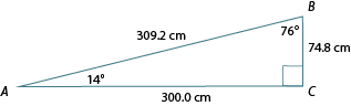 Triangle ABC. Angle A: 14 degrees. B: 76 degrees. Side AC: 300.0 cm. AB: 309.2 cm. BC: 74.8 cm