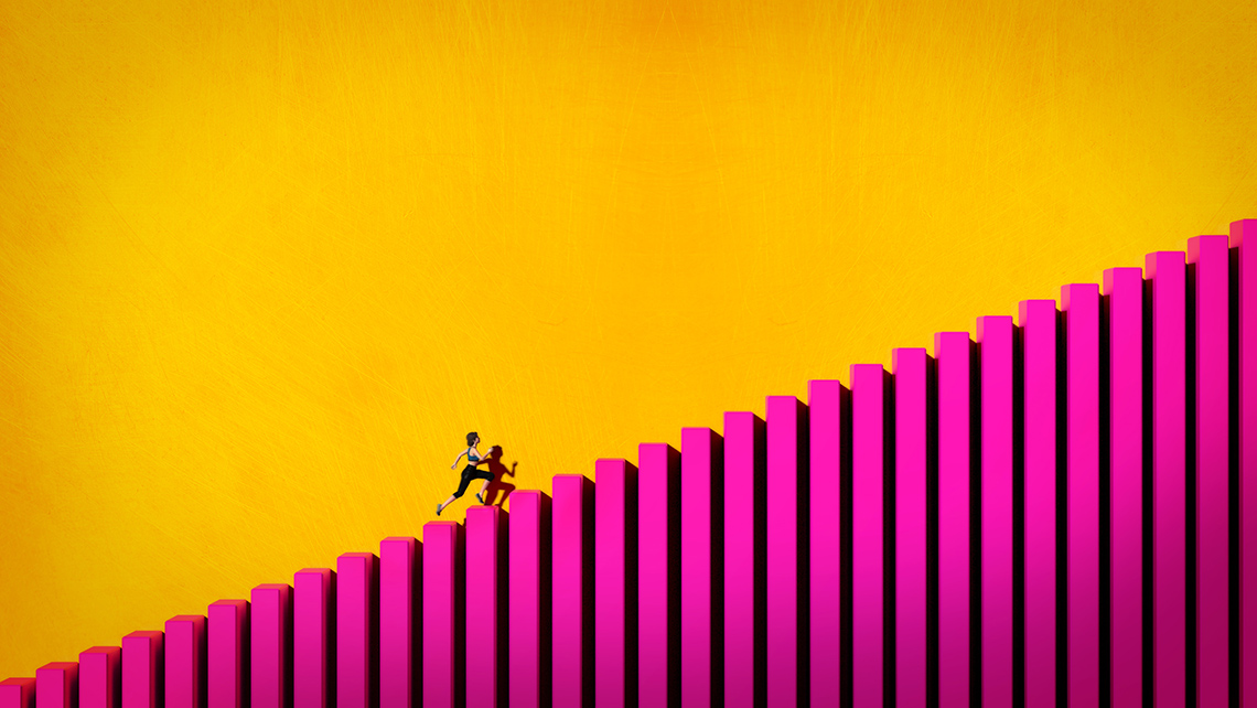 An illustration of a person running up a bar graph