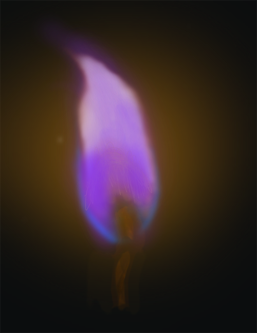 Potassium exposed to a flame. The resulting flame is purple.