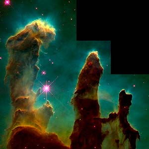 The Eagle nebula with false colours: green for hydrogen, red for sulphur, blue for oxygen