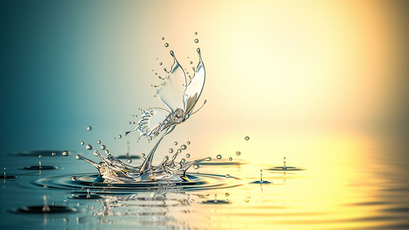 A butterfly emerging from the water causing a ripple and water droplets to splash. The sun is shining in the background.