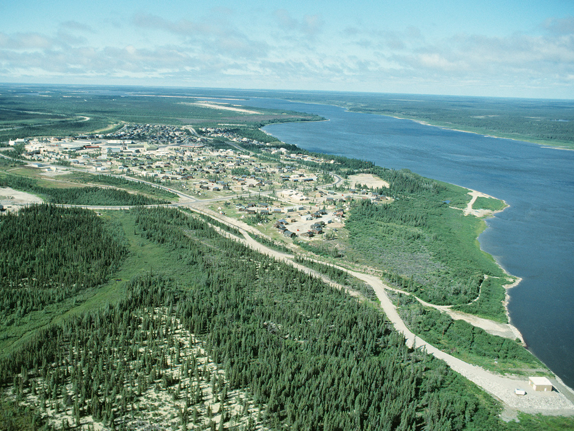 A satellite image of James Bay showing water system in relation to surrounding land.