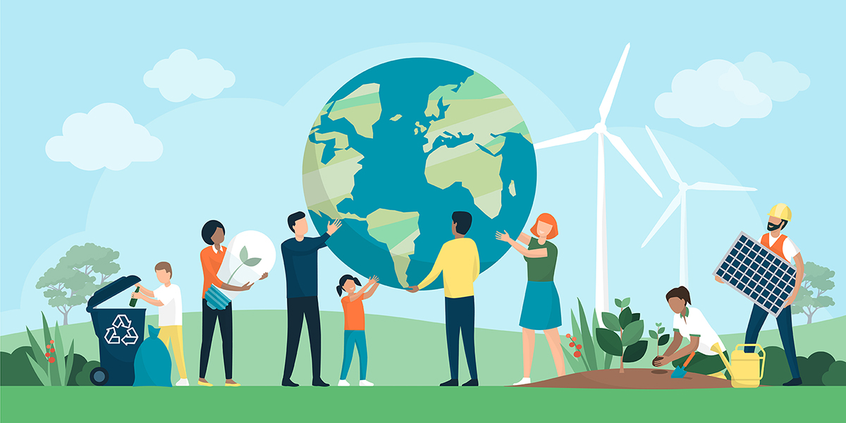 A diverse group of adults and children work to make a more environmentally sustainable park. One person works in a garden across the park from a teenager placing items in a recycling bin. A city worker holds a solar panel across from a person holding an oversized LED light bulb. In the middle of the park, three adults and one child raise a large ball representing planet Earth.