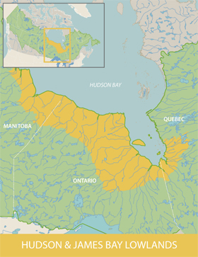 Map showing the Hudson and James Bay Lowlands areas of Northern Ontario